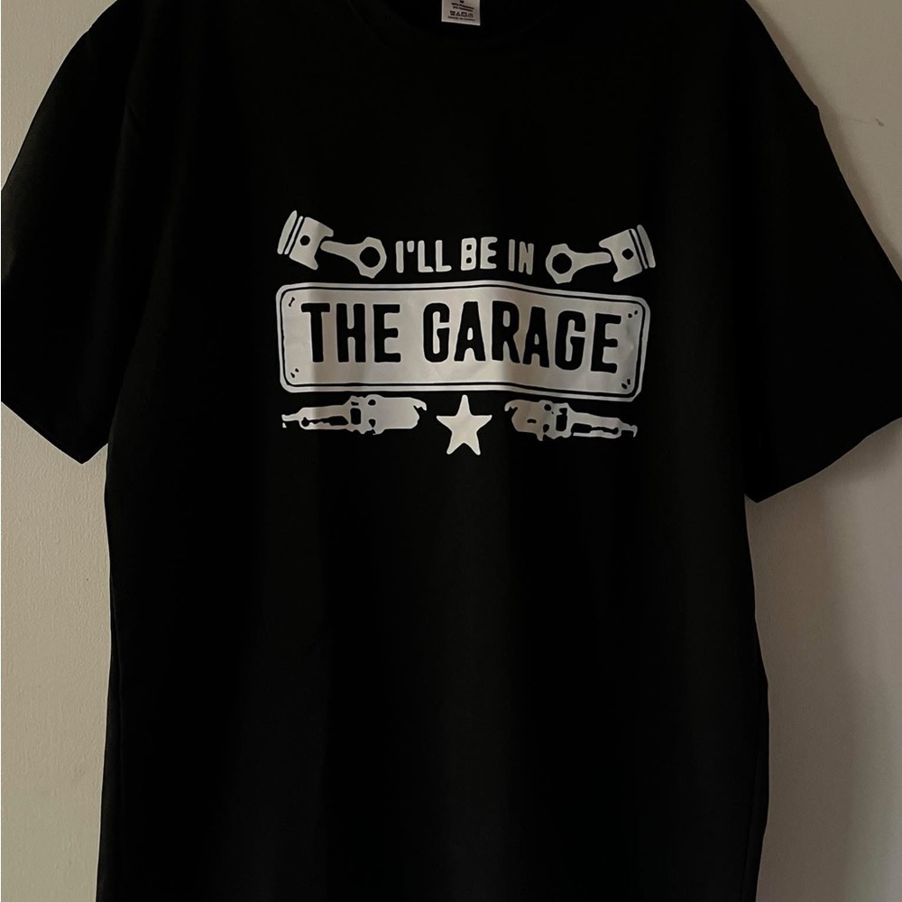 New Mechanic garage Black Graphic T-Shirt with White Print medium